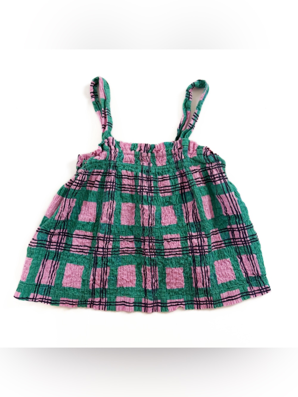 Gorman Shirt Womens 8 Medium Organic Cotton Smocked Plaid Green Pink